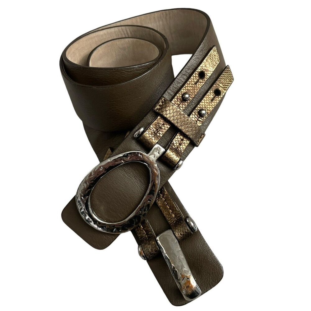 Roberto Mantellassi Leather Belt Womens M Brown Hammered Metal Silver Handmade